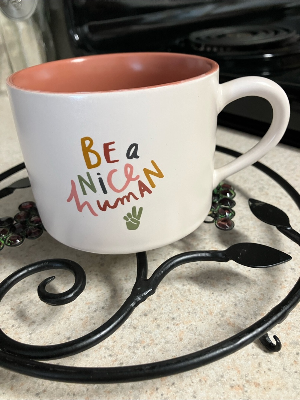 Be a Nice Human Ceramic Coffee Mug - Cream with Coral Interior